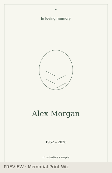 Illustrative olive memorial program cover with generous white space